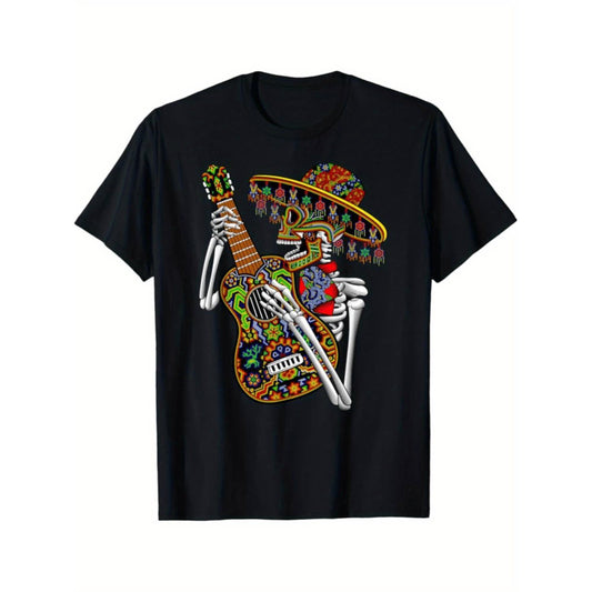 Mens Day of the Dead TShirt with Sombrero Guitar and Vibrant Sugar Skull Design Made from Soft Breathable Cotton for Music Events and Celebrations