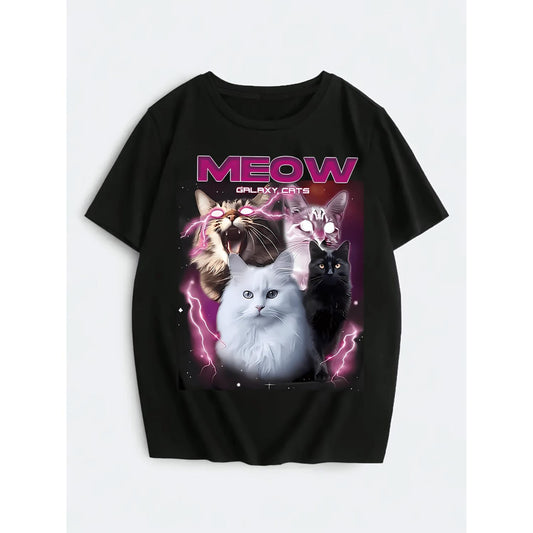 Galaxy Lightning Cat Fashion T-Shirt Featuring Meow Theme Futuristic Design Romantic Elegant Versatile Comfortable Light Beige Suitable All Seasons Ideal Holiday and Birthday Gift