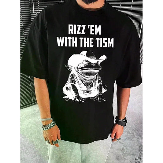 Men's Cartoon Frog and Letter Print Round Neck T-Shirt with Short Sleeves for Summer Casual Street Style Daily Wear