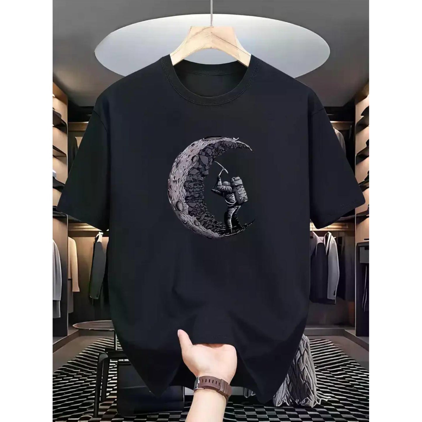 Mens Light Blue Spaceman and Moon Graphic Tee with Crew Neck and Short Sleeves Soft Breathable Cotton Casual Summer Top for Daily Travel and Home Wear Unique Astronaut on Moon Print Available in Sizes S to 5XL