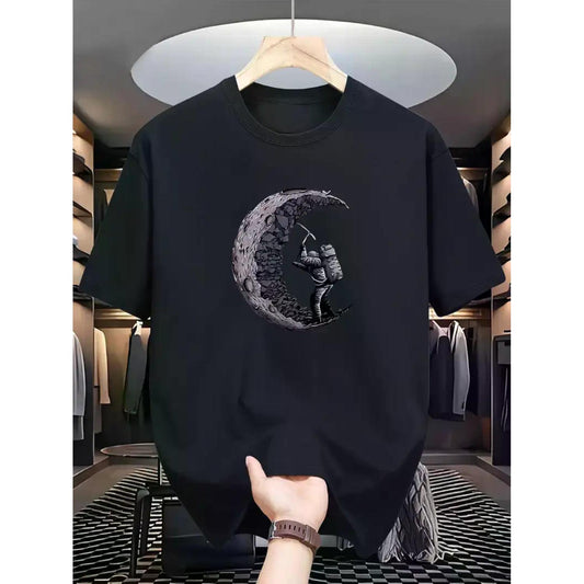 Mens Light Blue Spaceman and Moon Graphic Tee with Crew Neck and Short Sleeves Soft Breathable Cotton Casual Summer Top for Daily Travel and Home Wear Unique Astronaut on Moon Print Available in Sizes S to 5XL