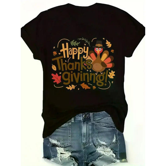 Cheerful Women's Thanksgiving TShirt Featuring Turkey and Autumn Leaves Design Lightweight Comfortable Fall Party Dress Casual Holiday Wear