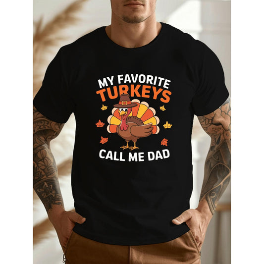 Men's Casual Crew Neck T-Shirt for Thanksgiving Featuring Geometric Turkey Print and Light Yet Slightly Stretchable Polyester Knit Fabric