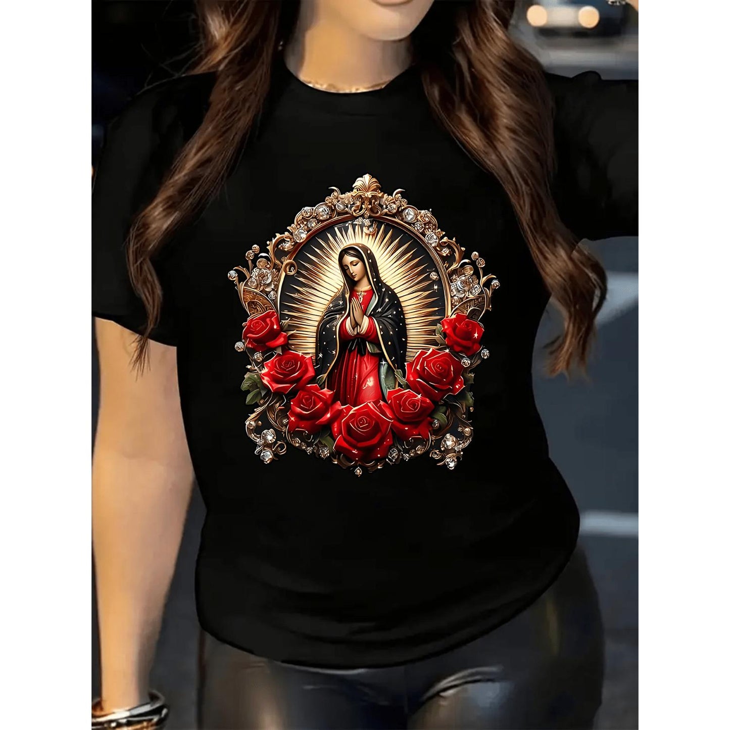Spring and Summer Fashion WomenS Printed Round Neck Short Sleeve Casual TShirt Featuring Virgin Mary Among Roses Ideal Gift for Sisters or Wives