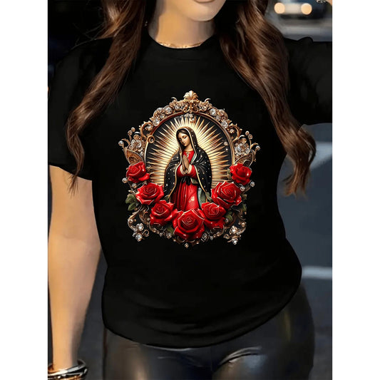 Spring and Summer Fashion WomenS Printed Round Neck Short Sleeve Casual TShirt Featuring Virgin Mary Among Roses Ideal Gift for Sisters or Wives