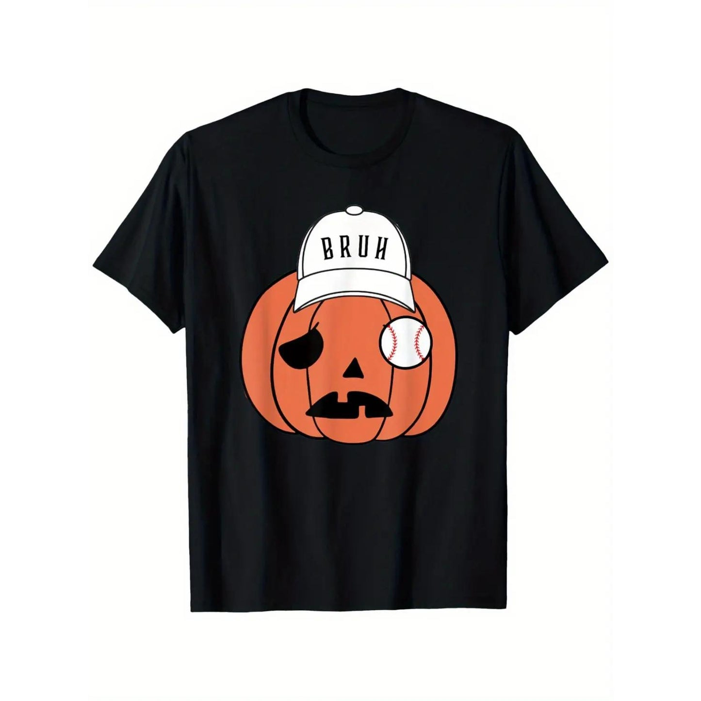 Humorous Halloween Baseball Player Bruh Pumpkin Head Hat Graphic Tee Comfortable Loose Fit Short Sleeve Casual Wear Playful Design