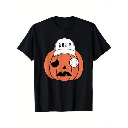 Humorous Halloween Baseball Player Bruh Pumpkin Head Hat Graphic Tee Comfortable Loose Fit Short Sleeve Casual Wear Playful Design