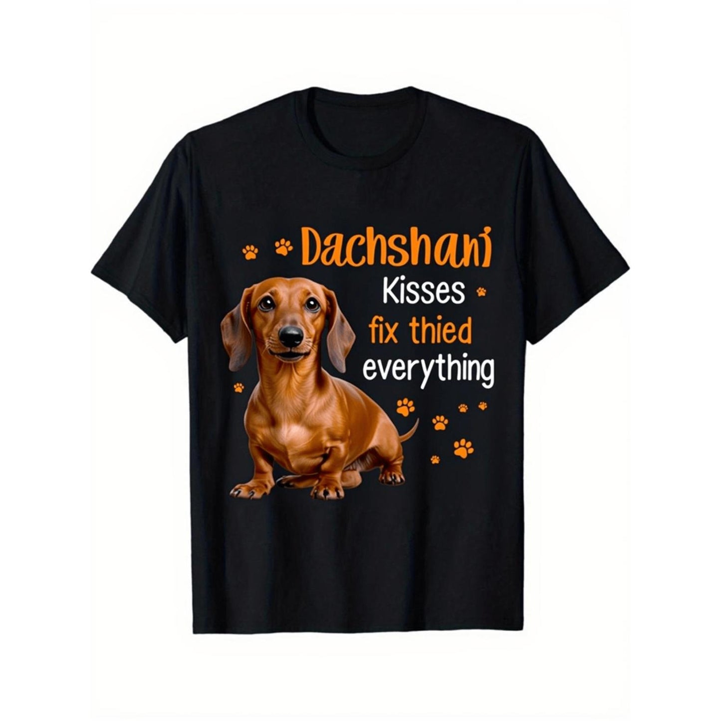 Men and Women Dachshund Kisses Fix Everything Graphic Tshirt Funny Dog Lover Tees with Wiener Dog Design Lightweight Light Beige Friendly Fabric Casual Crewneck Short Sleeve Shirt for Daily Wear Vacation and Sports All Season Black