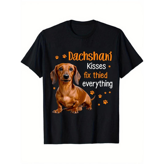 Men and Women Dachshund Kisses Fix Everything Graphic Tshirt Funny Dog Lover Tees with Wiener Dog Design Lightweight Light Beige Friendly Fabric Casual Crewneck Short Sleeve Shirt for Daily Wear Vacation and Sports All Season Black