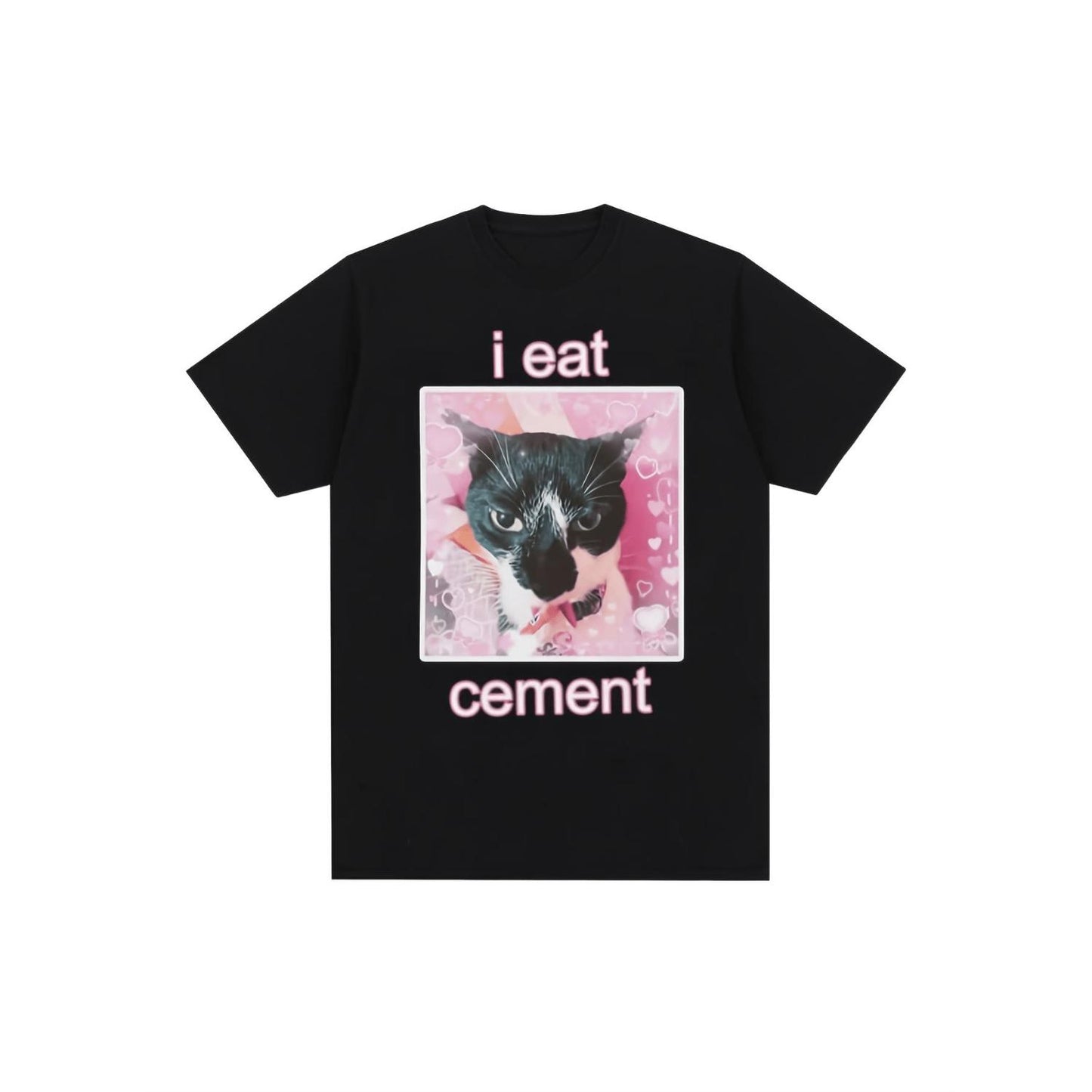 Hilarious Cement-Eating Cat TShirt for Men with Pink Lettering and White Cat Illustration Casual Short Sleeve Round Neck Top Perfect Gift for Cat Enthusiasts
