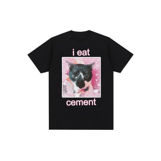 Hilarious Cement-Eating Cat TShirt for Men with Pink Lettering and White Cat Illustration Casual Short Sleeve Round Neck Top Perfect Gift for Cat Enthusiasts