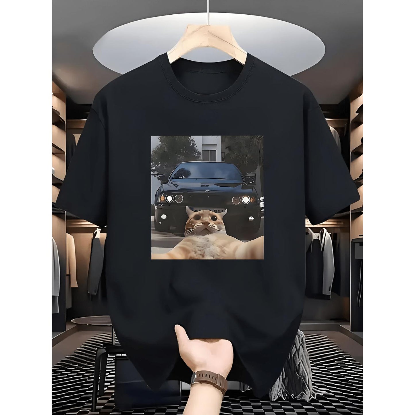 Humorous Tabby Cat and Torii Gates Design Cotton TShirt with Breathable Fabric Short Sleeves Comfortable Fit Perfect for Gentle Hand Wash Gift for Cat Enthusiasts