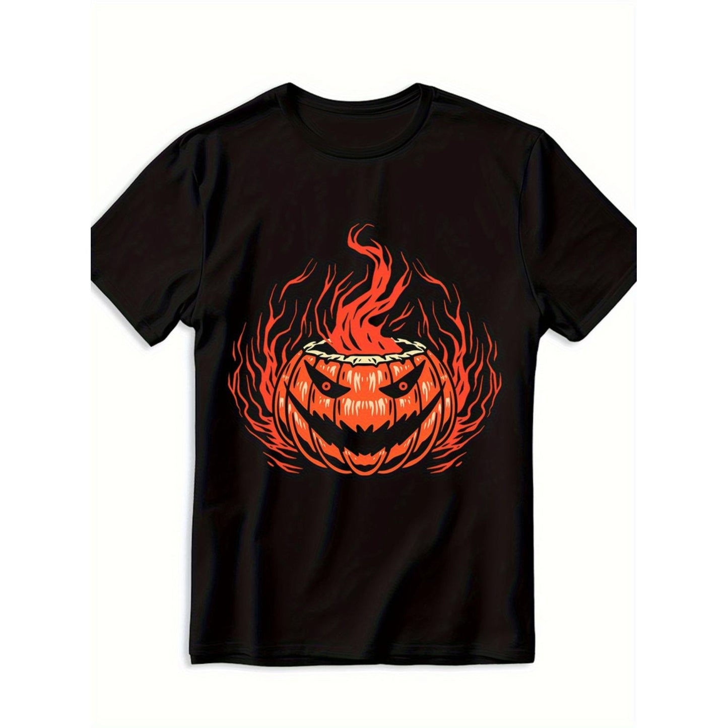 Mens Humorous Glowing JackO Lantern Pumpkin Face Graphic Tee 100 Percent Cotton Soft Breathable Black and Orange Print Regular Fit Short Sleeve Crew Neck Casual Shirt Suitable for Halloween Parties Casual Wear and Themed Events