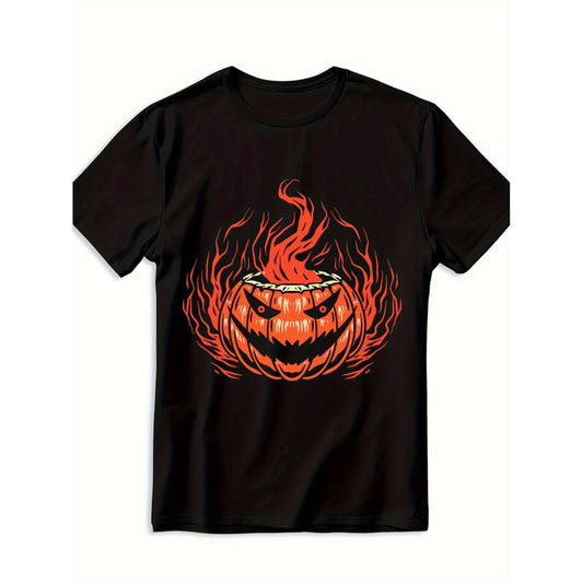 Mens Humorous Glowing JackO Lantern Pumpkin Face Graphic Tee 100 Percent Cotton Soft Breathable Black and Orange Print Regular Fit Short Sleeve Crew Neck Casual Shirt Suitable for Halloween Parties Casual Wear and Themed Events