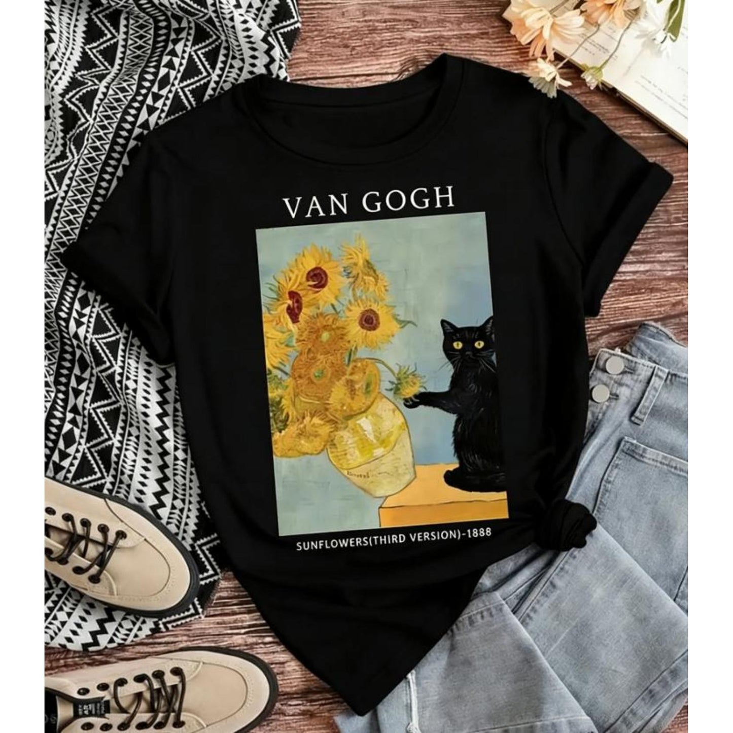 Women's Casual Black TShirt Featuring Retro Cat and Sunflower Oil Painting Design Soft Short Sleeved Round Neck Top Ideal for Spring Summer Parties and Casual Wear