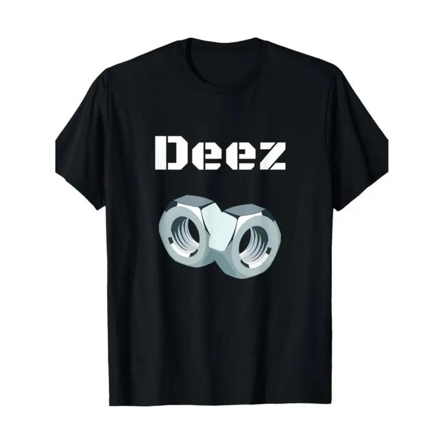 Casual Black Cotton Graphic T-Shirt Featuring Deez Nuts Print with Geometric Design and Short Sleeve Crew Neck for Men