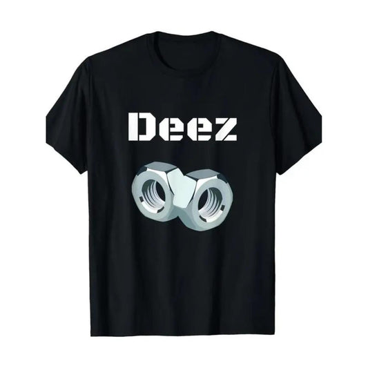 Casual Black Cotton Graphic T-Shirt Featuring Deez Nuts Print with Geometric Design and Short Sleeve Crew Neck for Men