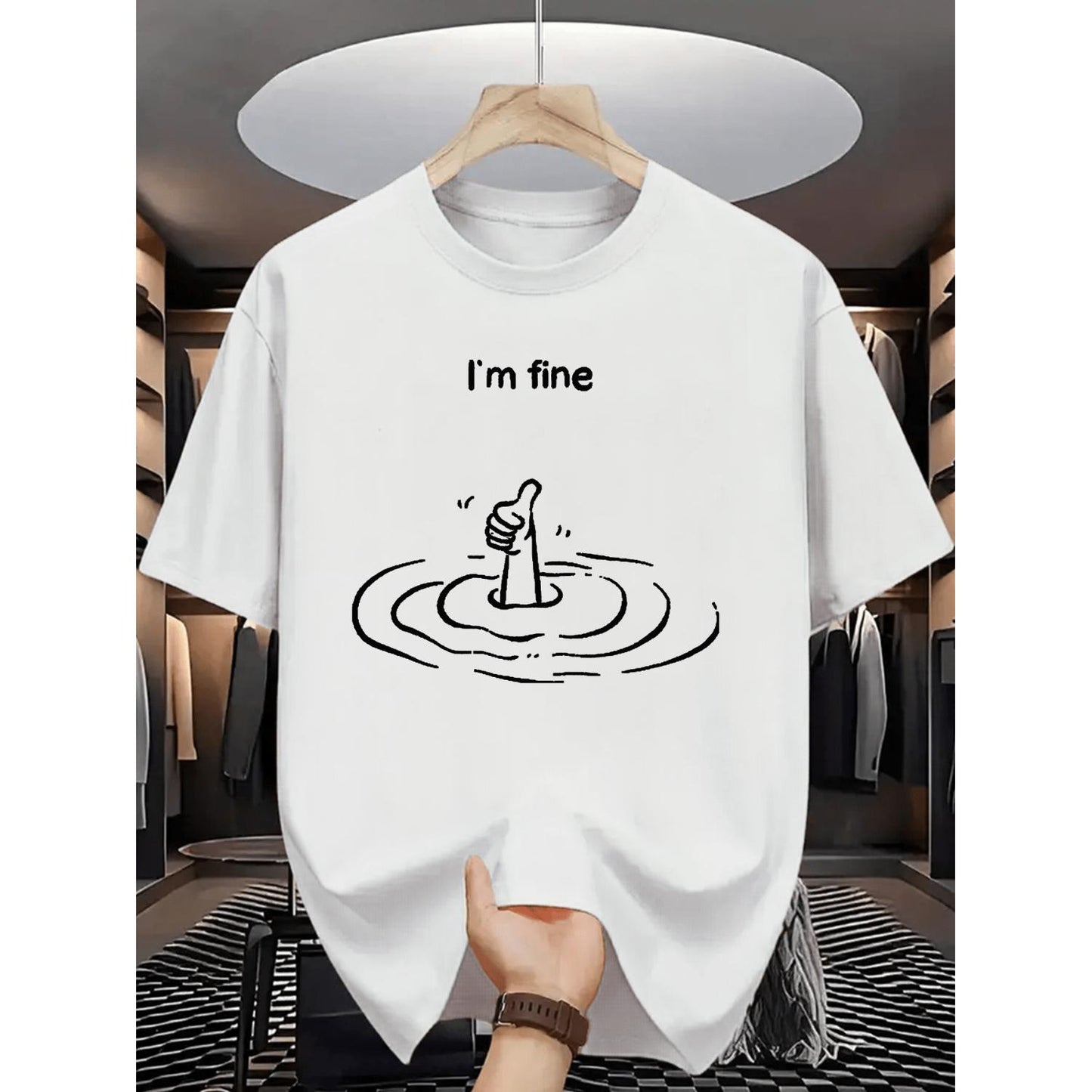 Mens Summer Casual Graphic T-Shirt Featuring Im Fine Text And Thumbs Up Print Brown With Black Lettering Relaxed Fit Round Neck Machine Washable Everyday Streetwear Lightweight Breathable Basic Tee