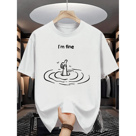 Mens Summer Casual Graphic T-Shirt Featuring Im Fine Text And Thumbs Up Print Brown With Black Lettering Relaxed Fit Round Neck Machine Washable Everyday Streetwear Lightweight Breathable Basic Tee