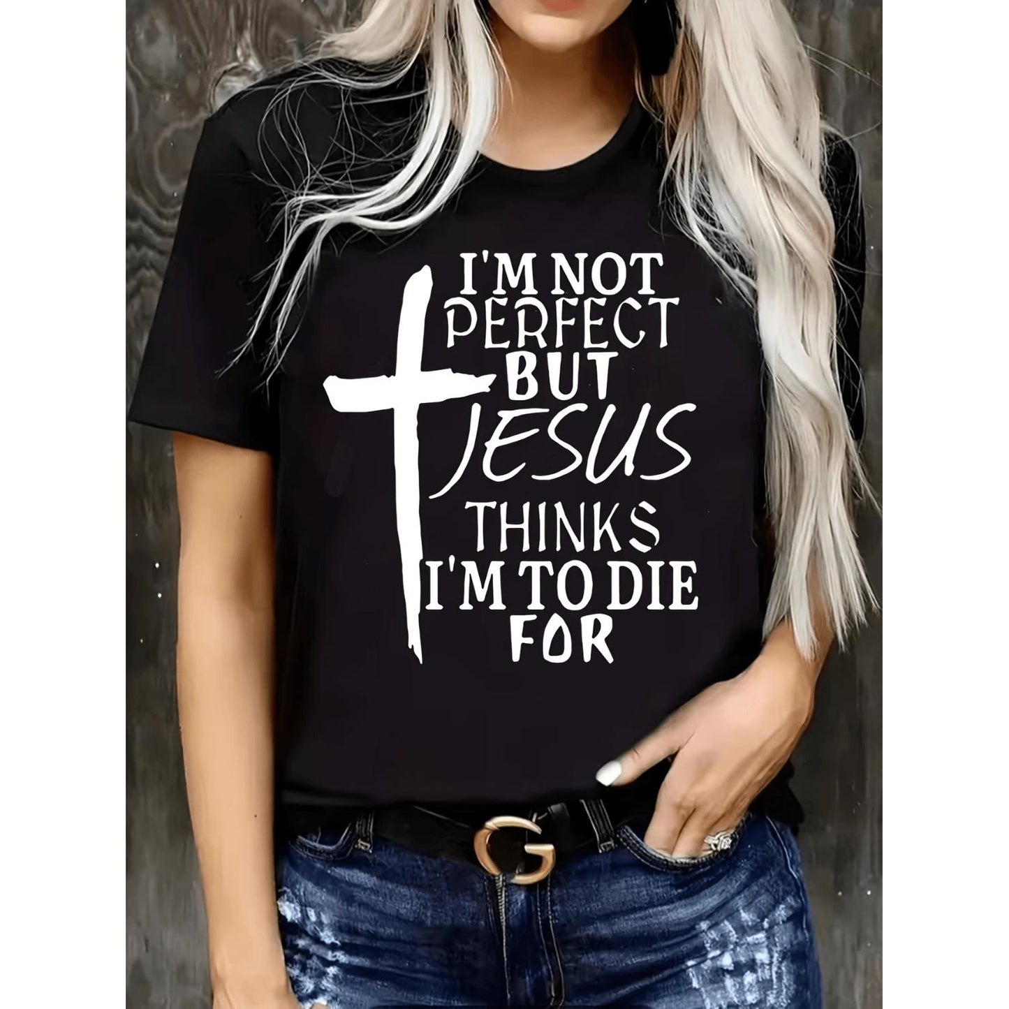 Casual Cross and Letter Print Short Sleeve T Shirt for Spring and Summer Plus Size Womens Clothing