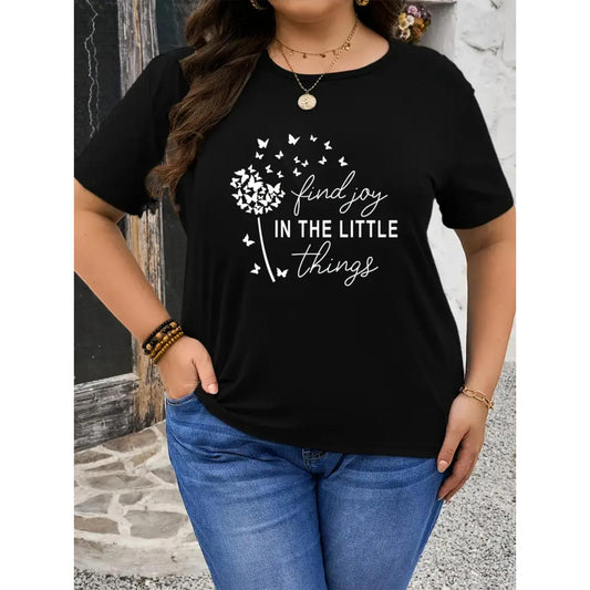 Plus Size Casual Short Sleeve T Shirt Featuring Black Floral Print with Butterfly Dandelion Design and Find Joy in the Little Things Quote for Spring Summer Seasonal Apparel