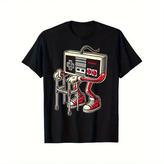 Retro Gaming Pattern Cotton TShirt Featuring Classic Video Console Design with Red Sneakers and Cable Details Casual Short Sleeve Crew Neck Unisex Gift