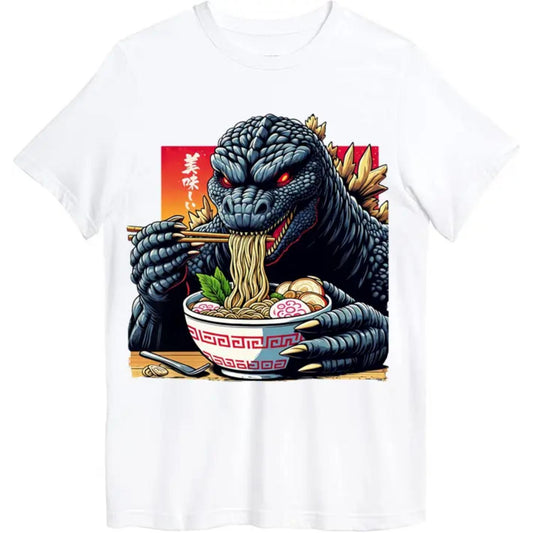 Humorous Japanese Kaiju Eating Ramen Monster Lover Birthday T Shirt Casual Unisex Cotton Short Sleeve Novelty Graphic Tee