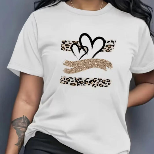 Stylish Women S Graphic T Shirt Featuring Short Sleeves Modern Design Golden Heart Leopard Print Casual Elegant Summer Wear Comfortable Stretch Fabric Ideal for Casual Outings
