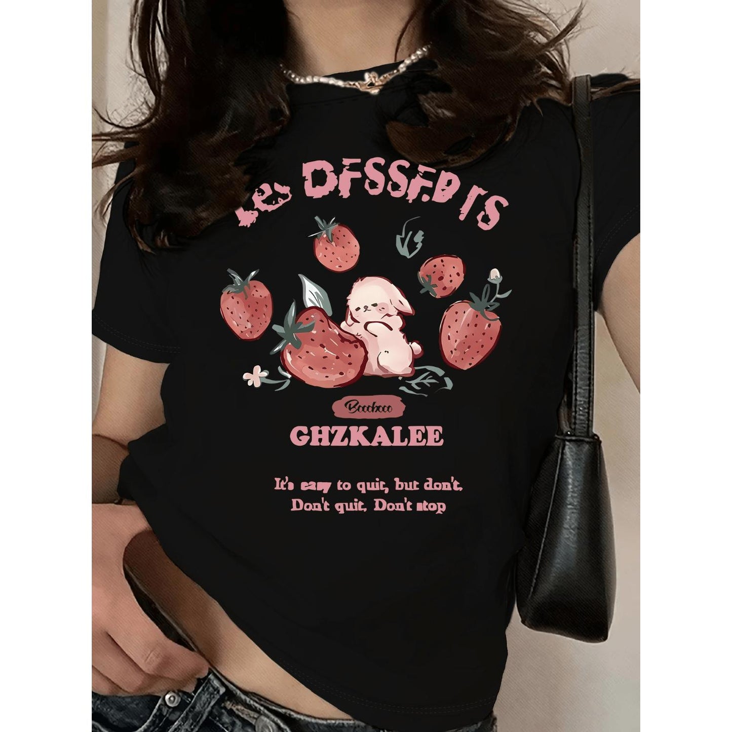 Vibrant Letter and Strawberry with Rabbit Graphic Printed Short Sleeve Casual Crew Neck T-Shirt for Women in Spring and Summer