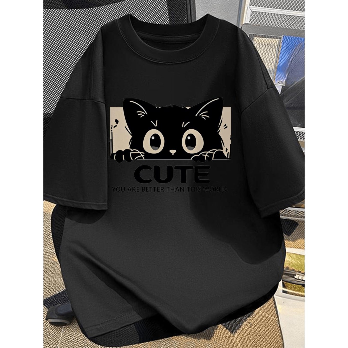 Casual Unisex Short Sleeve T Shirt with Adorable Cat Print and Text Perfect for Everyday Wear