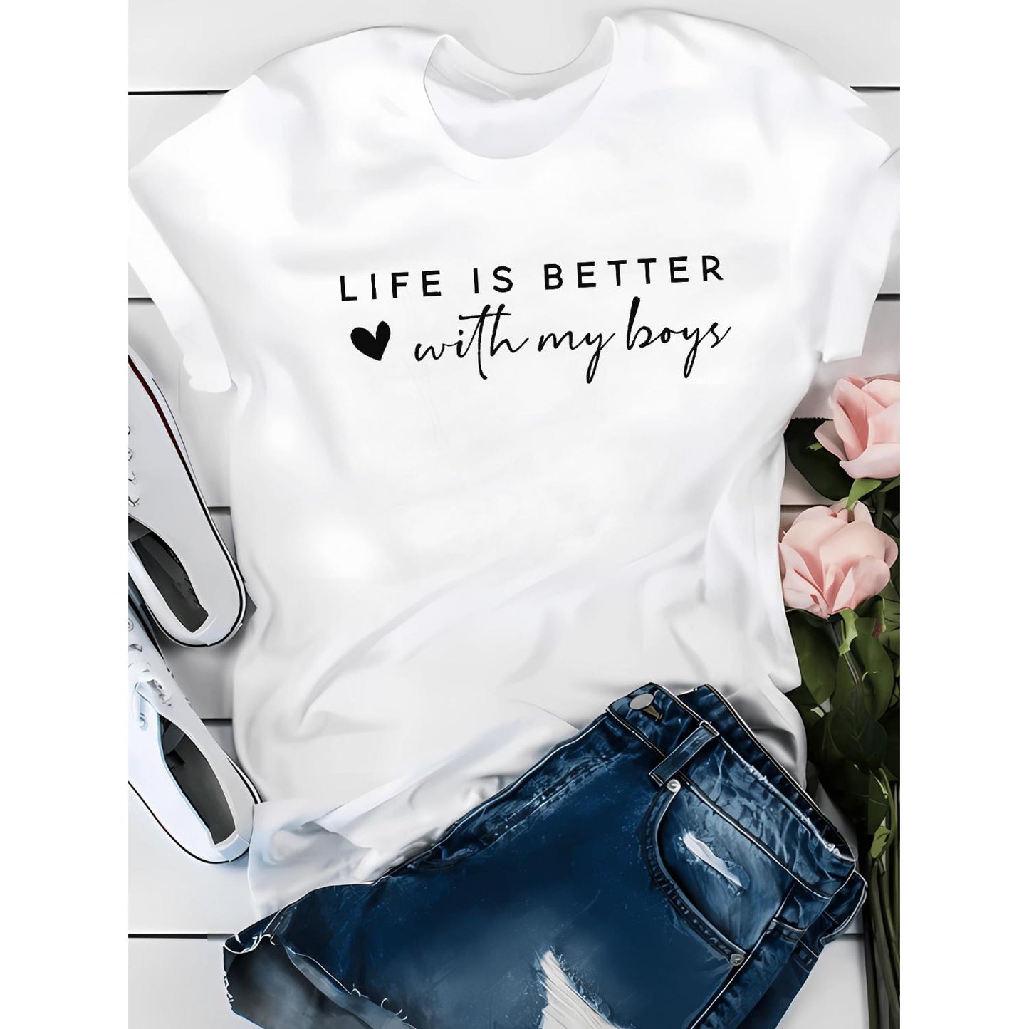 Casual Crew Neck TShirt for Women Featuring Life Is Better with My Boys Quote Made from Polyester Knit Fabric All Season Comfortable Perfect Mother S Day Gift