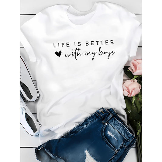 Casual Crew Neck TShirt for Women Featuring Life Is Better with My Boys Quote Made from Polyester Knit Fabric All Season Comfortable Perfect Mother S Day Gift