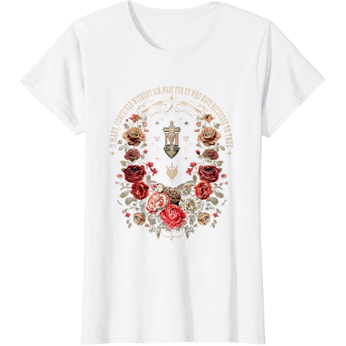 Marian Catholic Virgin Mary Floral Cross Religious TShirt