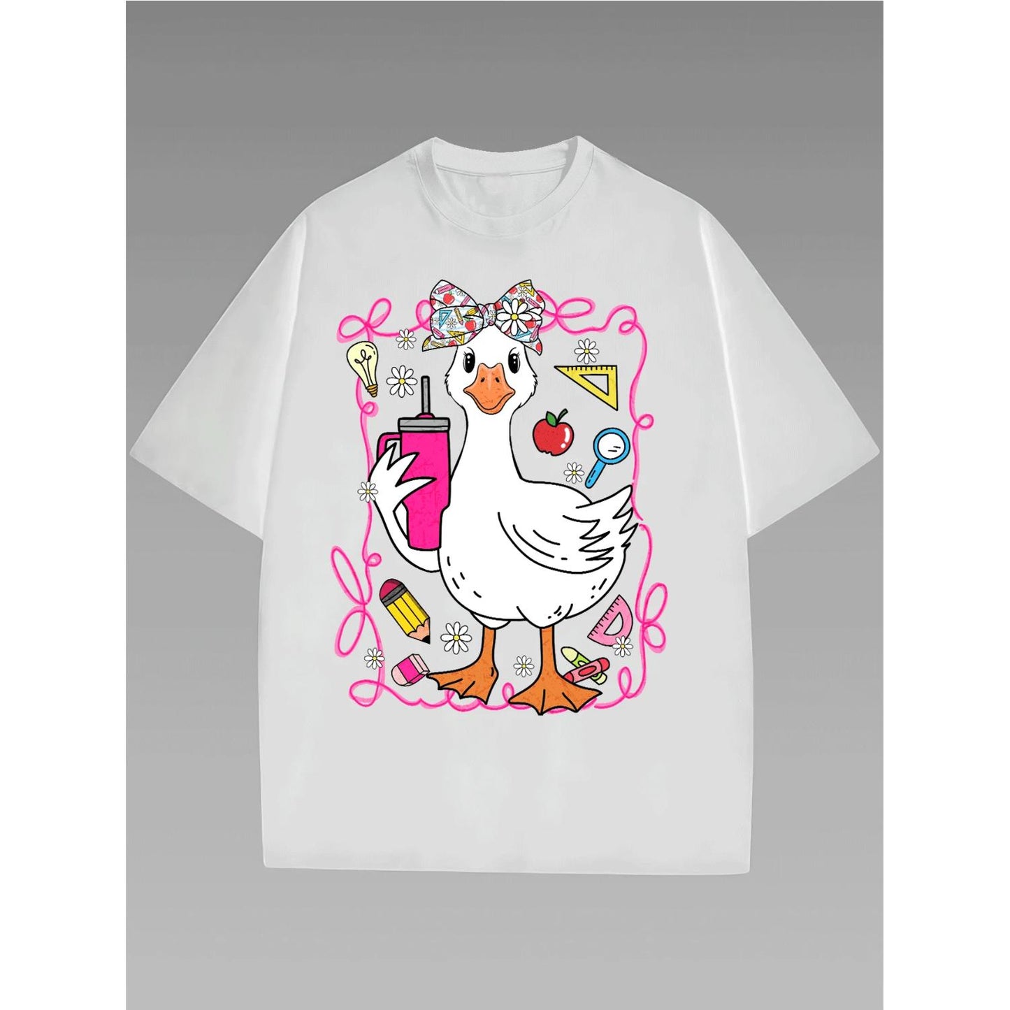 Stylish Men'S TShirt Featuring Adorable Goose Pattern Vibrant School Supplies And Floral Motifs Unique Design