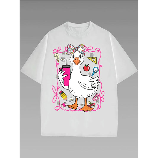 Stylish Men'S TShirt Featuring Adorable Goose Pattern Vibrant School Supplies And Floral Motifs Unique Design