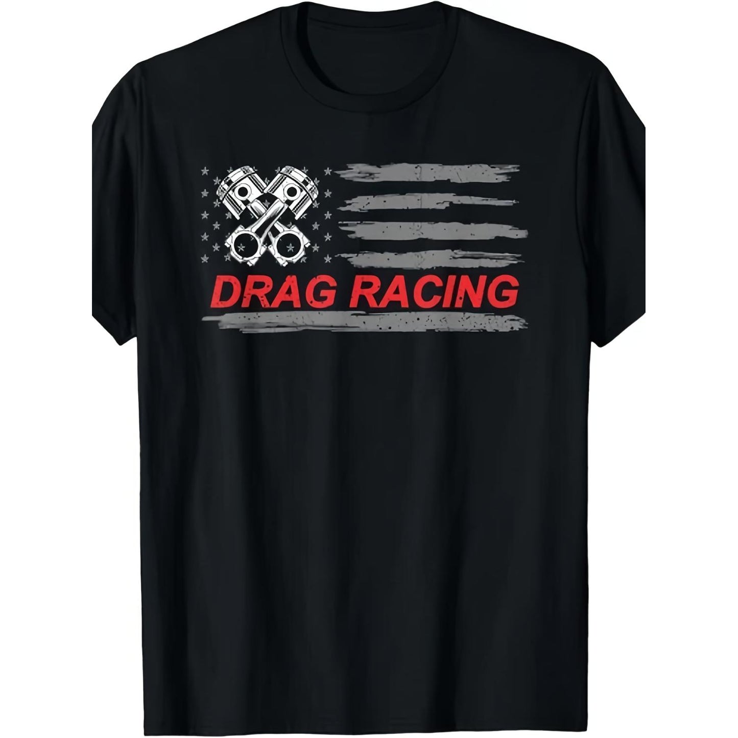 American Flag Drag Racing T-Shirt Featuring Classic Retro Car Design with Four Engines and Drag Racing Logo Breathable Crew Neck Tee for Motorsport Enthusiasts