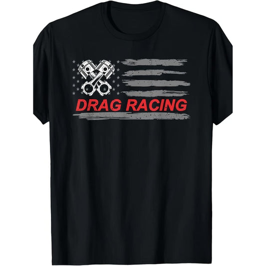 American Flag Drag Racing T-Shirt Featuring Classic Retro Car Design with Four Engines and Drag Racing Logo Breathable Crew Neck Tee for Motorsport Enthusiasts