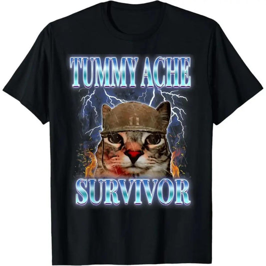 Humorous Tummy Ache Survivor Cat Meme Graphic Tee for Adults Kids Boys Funny Vintage Short Sleeve Vacation Apparel