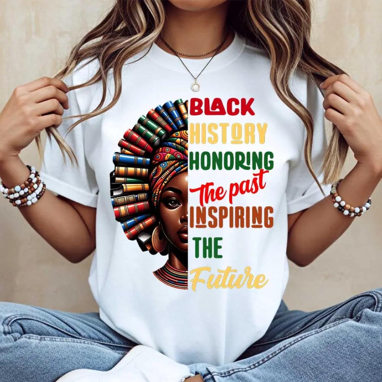 Celebrating Black History Honoring Past Inspiring Future White African American Woman T Shirt Designed with Books and Text for Month and Daily Wear