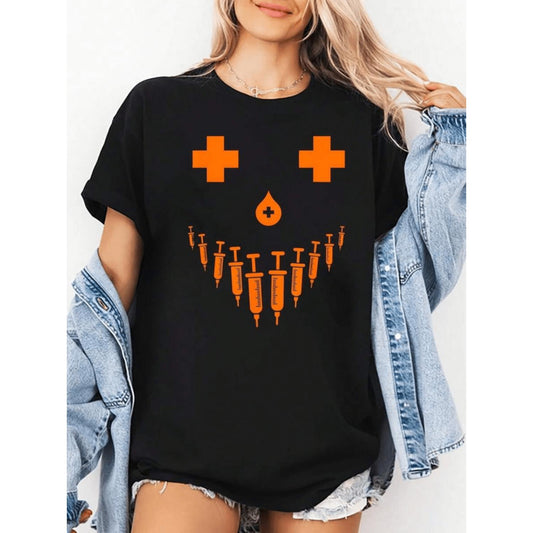Women S Halloween Graphic TShirt Featuring a Black Background and Orange Pumpkin Face Design Short Sleeve Round Neck Casual Party Attire for Halloween Celebrations and Festive Wear Playful Comfortable Fit