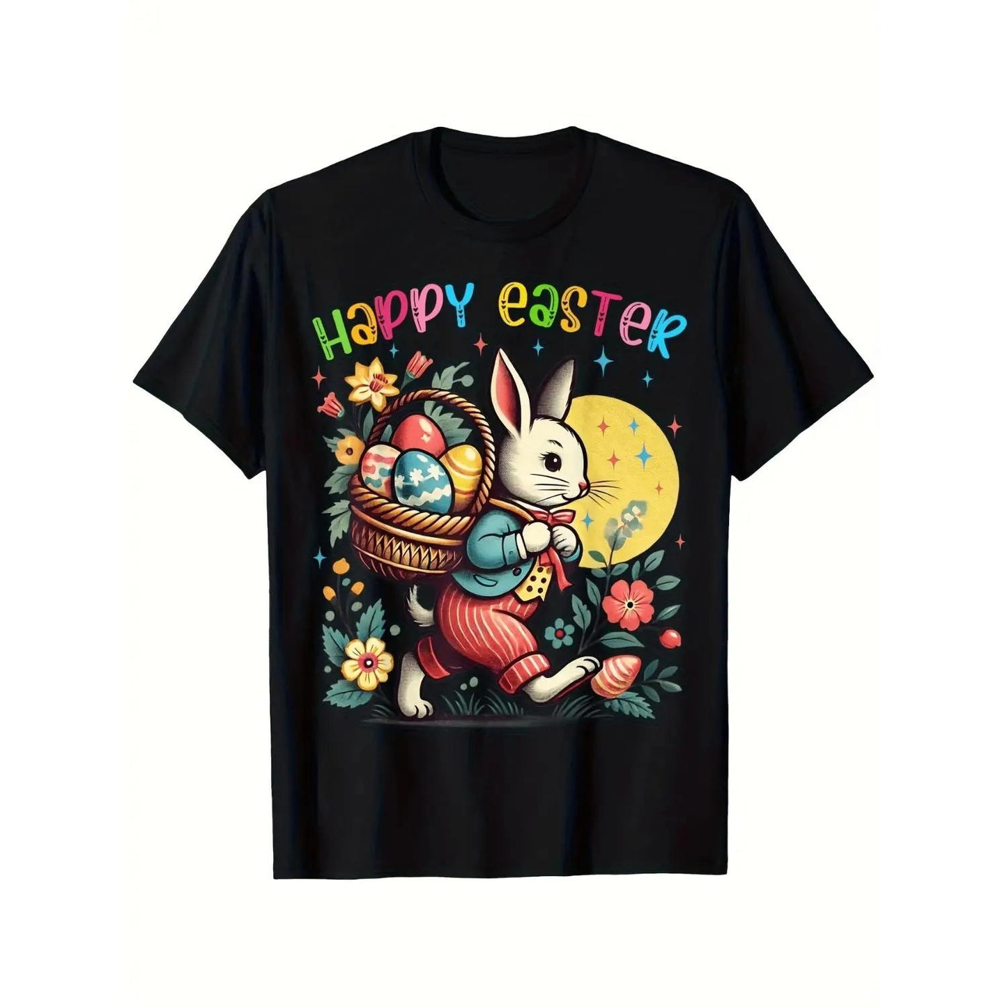 Celebrate Easter with Retro Bunny and Egg Hunt Graphic T Shirts Featuring Spring Floral Design and Happy Easter Lettering for Men and Women