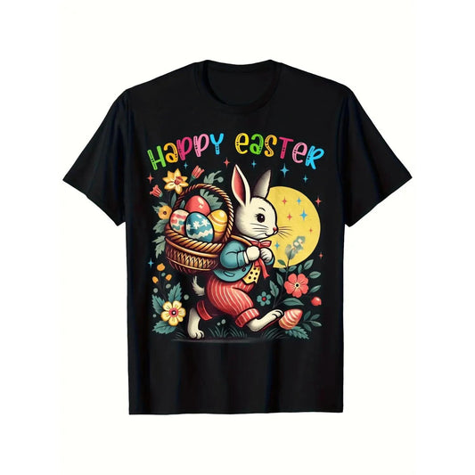 Celebrate Easter with Retro Bunny and Egg Hunt Graphic T Shirts Featuring Spring Floral Design and Happy Easter Lettering for Men and Women