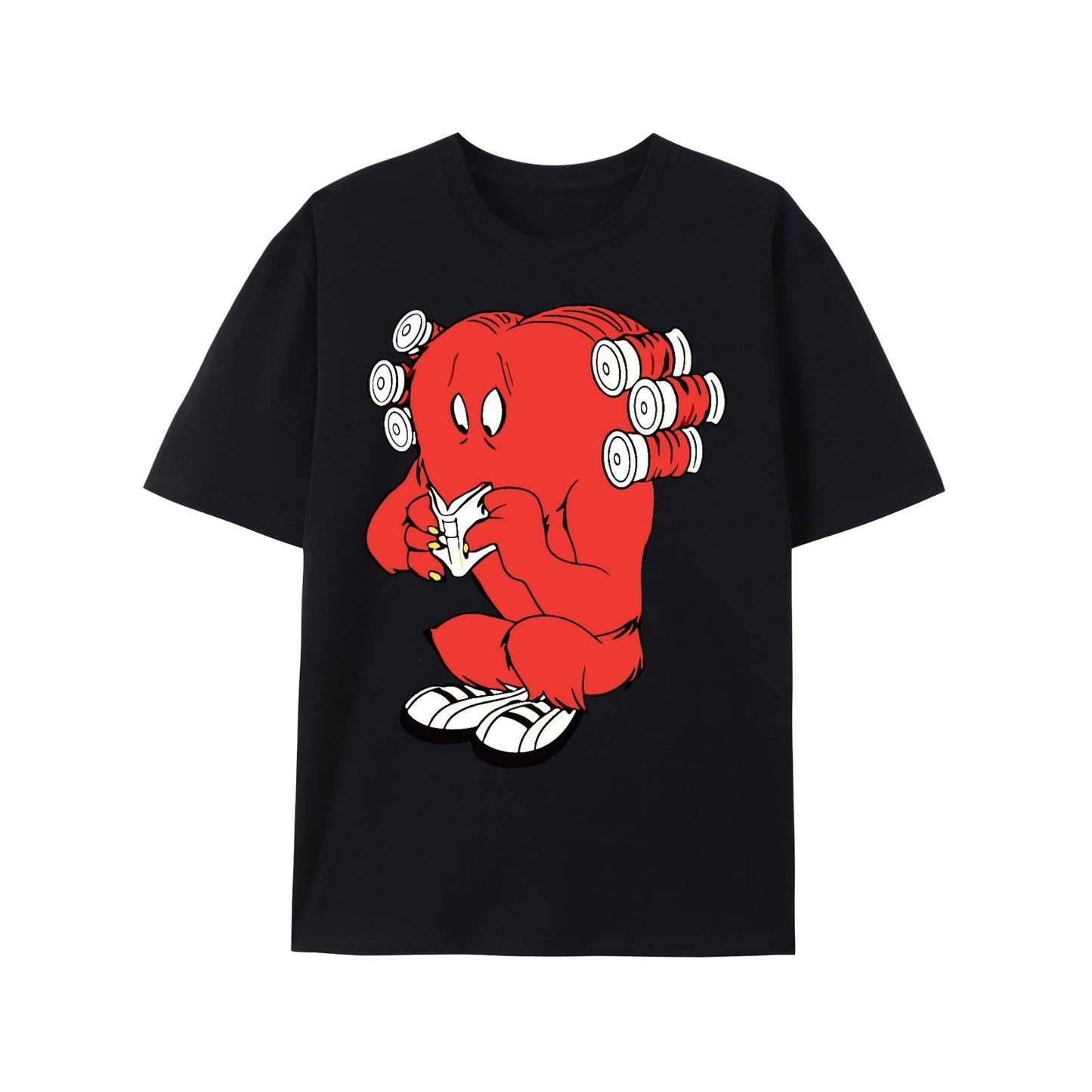 Men Gossamer Reading Graphic Tee Featuring Humorous Red Cartoon Character Design Crafted from 100 Percent Cotton Casual Black Short Sleeve T Shirt with Easy Care