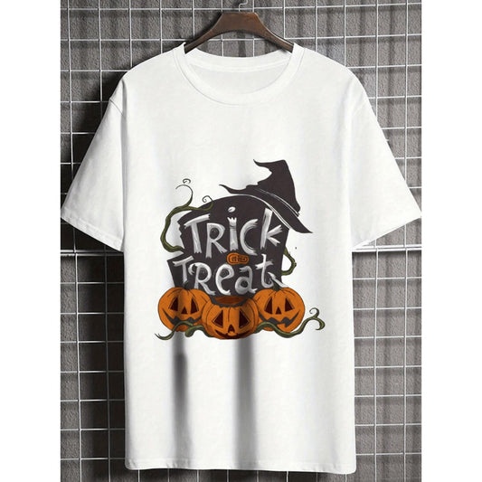 Men's Halloween T Shirt White Tee with Pumpkin Witch Hat and Trick Treat Design Breathable Cotton Shirt for Halloween Parties Trick treating Fall Festivals Ideal Costume Gift for Adults Seasonal Event Apparel Spooky Pr