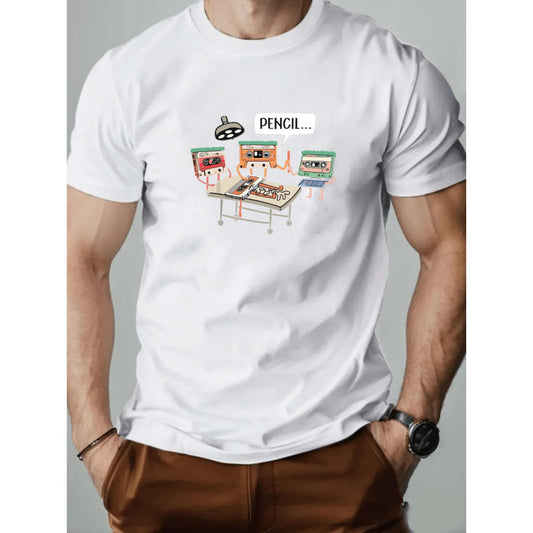 Retro Cassette Tape Graphic Tee for Men Vintage 80s Music Design with Pencil and Tape Artwork Lightweight Summer Casual Short Sleeve Round Neck Gift for Music Enthusiasts
