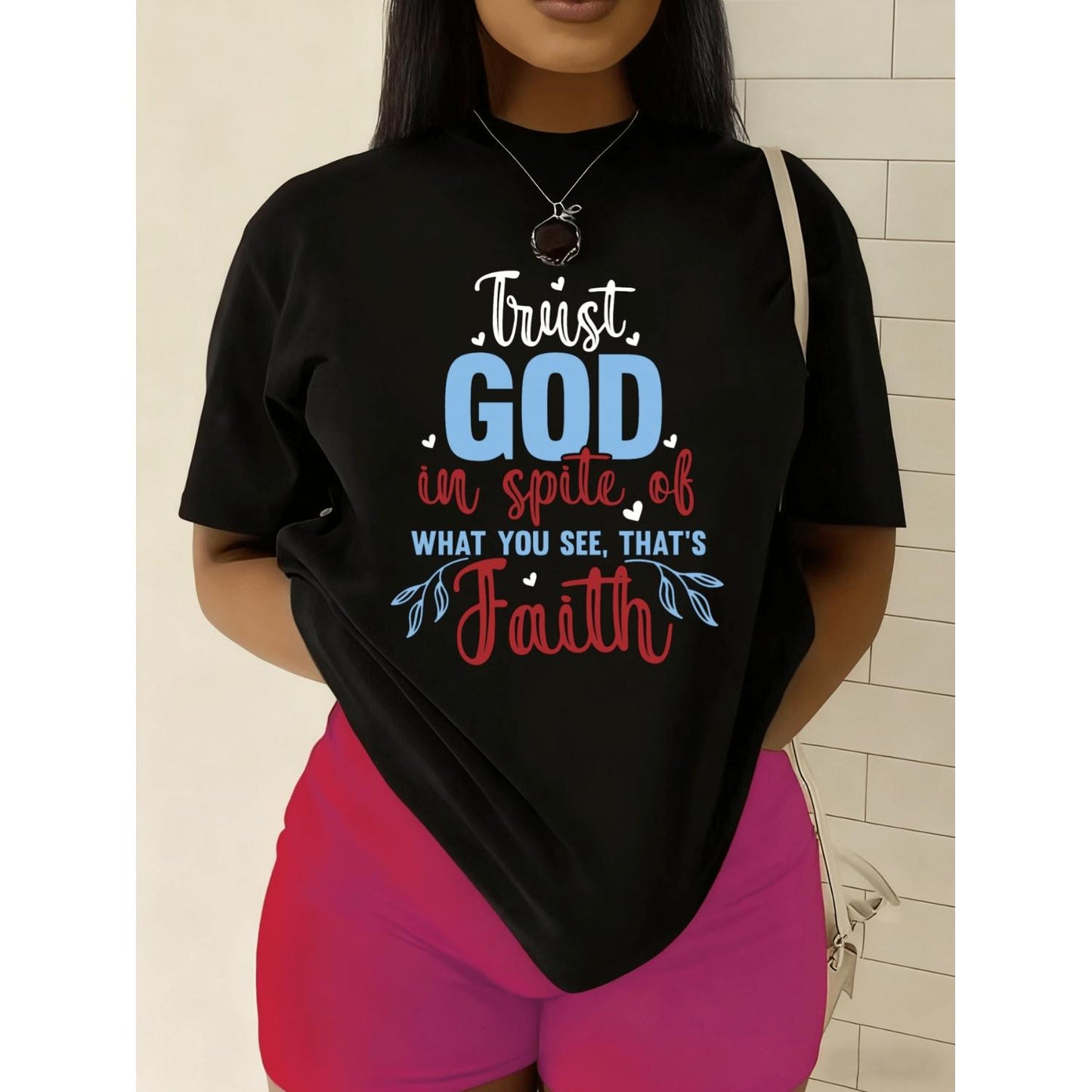 Women's Trust in God Faith TShirt 180GSM 100 Percent Black Short Sleeve Round Neck Featuring Praying Hands and Verse Design Casual Religious Wear for Church Casual Clothing Gift