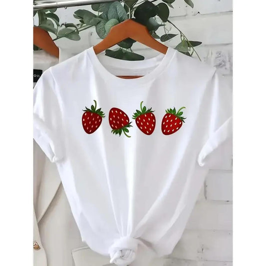 Charming Women's Round Neck T-Shirt Featuring Soft Strawberry Pattern for Casual Wear