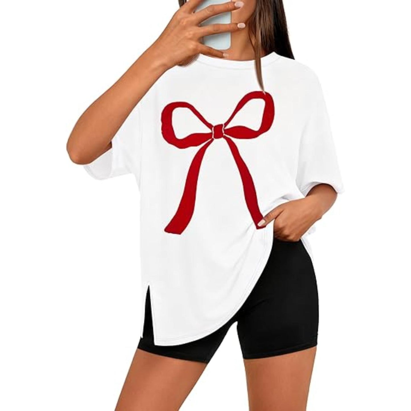 Trendy Womens Oversized Bow Shirt with Side Slit Short Sleeves and Round Neck for Summer Y2K Aesthetic Graphic Tops