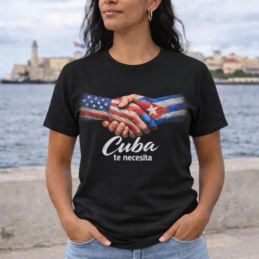 Cuba Needs You T Shirt Black Graphic Tee with Handshake and Flag Design