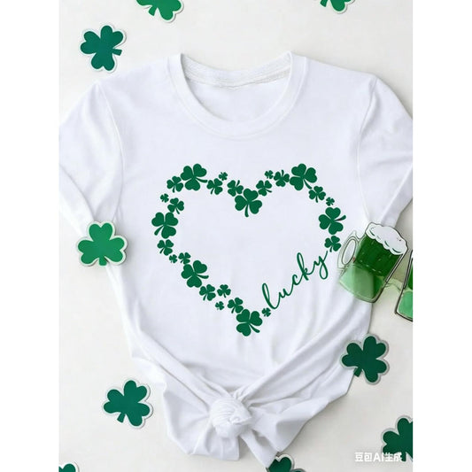 Women's St Patrick's Day Clover Love T Shirt Featuring Lucky Design With Casual Short Sleeves